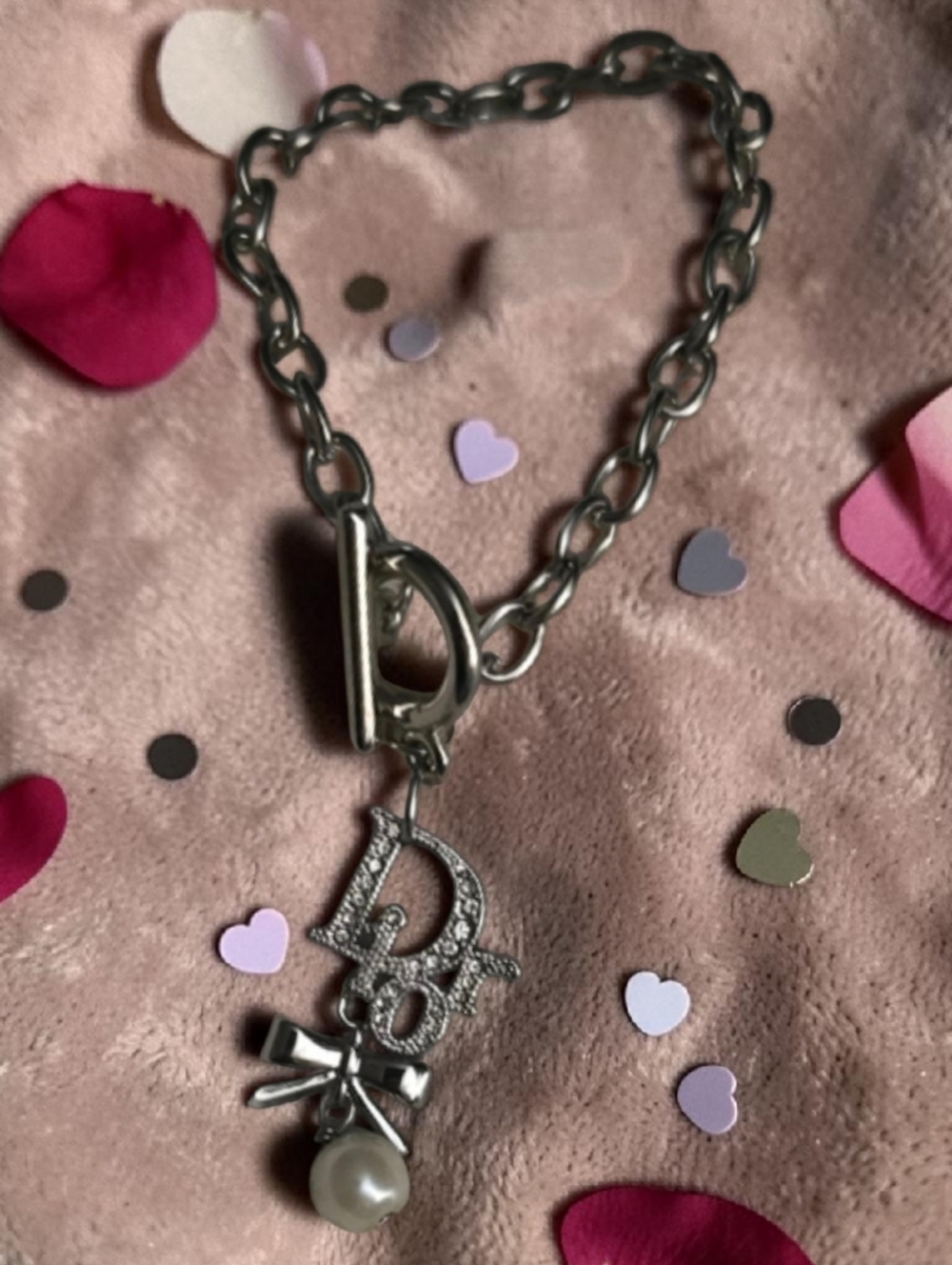 Silver Charm Bracelet with Pearl Drop